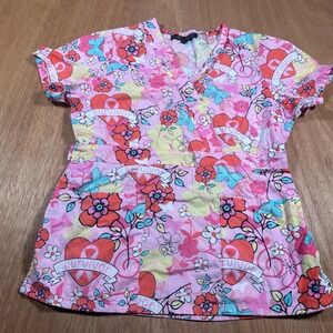 Healing Hands Flex XS Breast Cancer Survivor Scrub Top Pink Floral Hearts